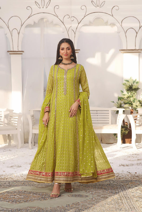 Ayesha Closet  - Shehzadi 3Pcs Pret Chiffon Embroidered Lime