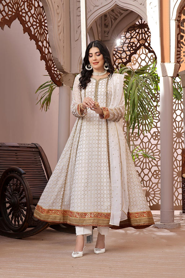 Ayesha Closet  - Shehzadi 3Pcs Pret Chiffon Embroidered Pearl White