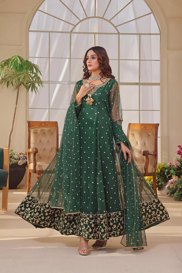 Ayesha Closet  - Jashan 3Pcs Pret Cotton Net Embroidered Green
