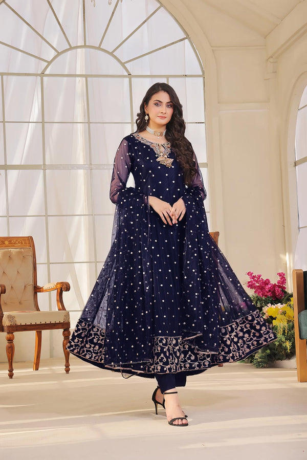 Ayesha Closet  - Jashan 3Pcs Pret Cotton Net Embroidered Navy Blue