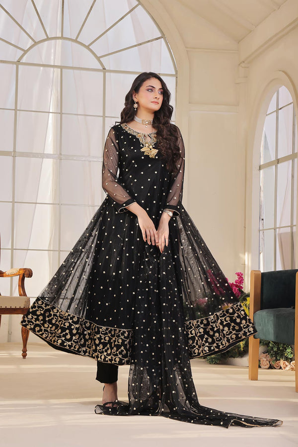 Ayesha Closet  - Jashan 3Pcs Pret Cotton Net Embroidered Black