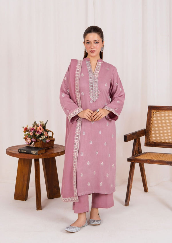 YoloPret - 3pc Embroidered Silk Karandi with Embroidered Border Shawl AML-W25-0032