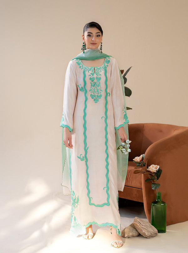 Mahnoor Azher - Ivory Teal Whisper Stitched Pure Shisha Silk