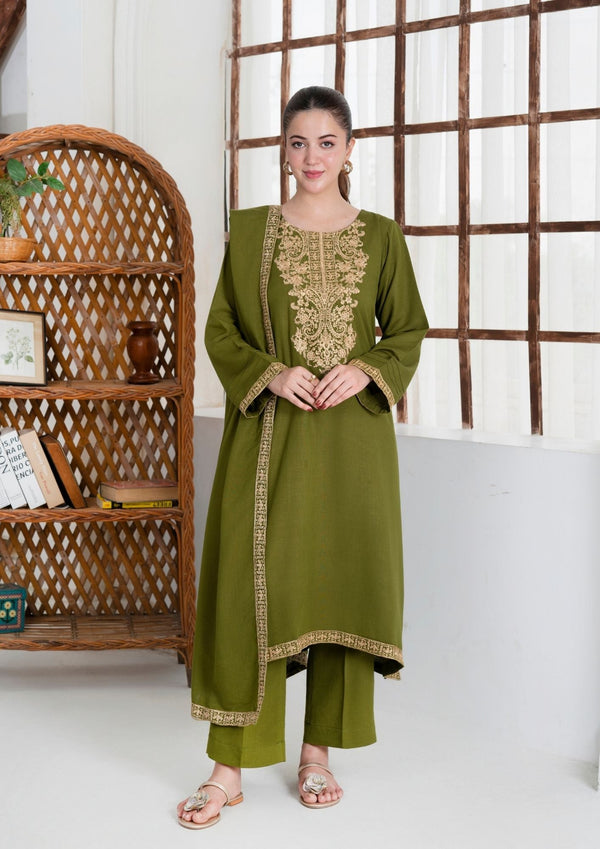 YoloPret - 3Pc Tilla Embroidered Silk Karandi with Tilla Embroidered Border Shawl AML-W25-0015