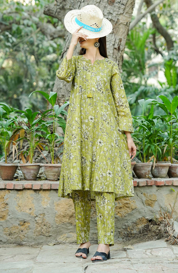 Amna Khadija - Floral Elegance Neno Karra-2 Piece=Lime Green-D-04