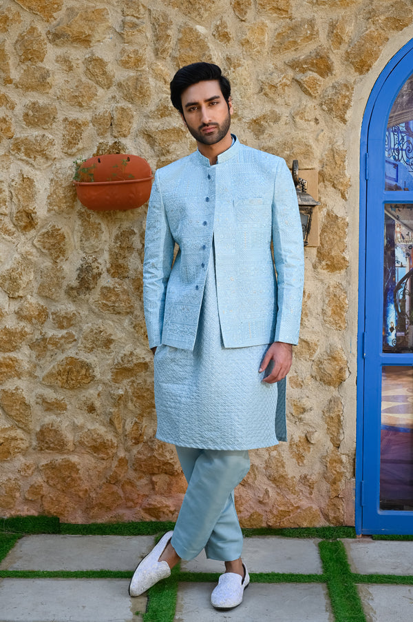 HK Fashion - Sky Blue Embroidered Princecoat
