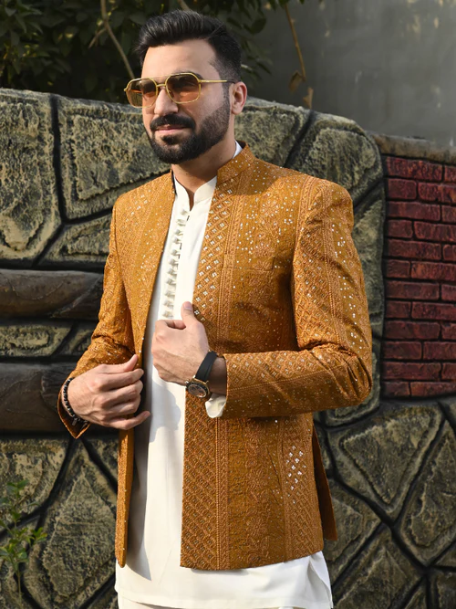 HK Fashion - Gold Embroidered Front Open Princecoat