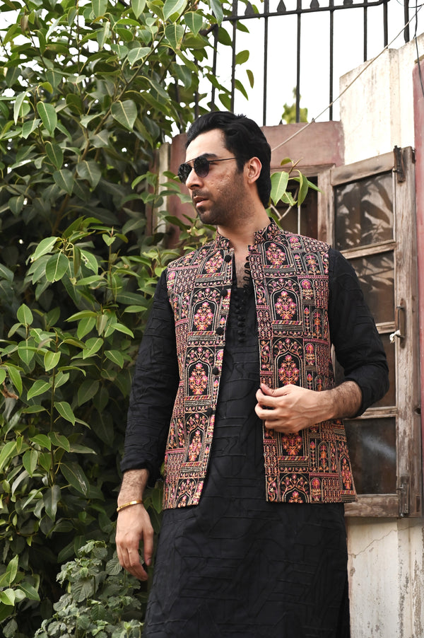 HK Fashion - Black Multi Embroidered Waistcoat