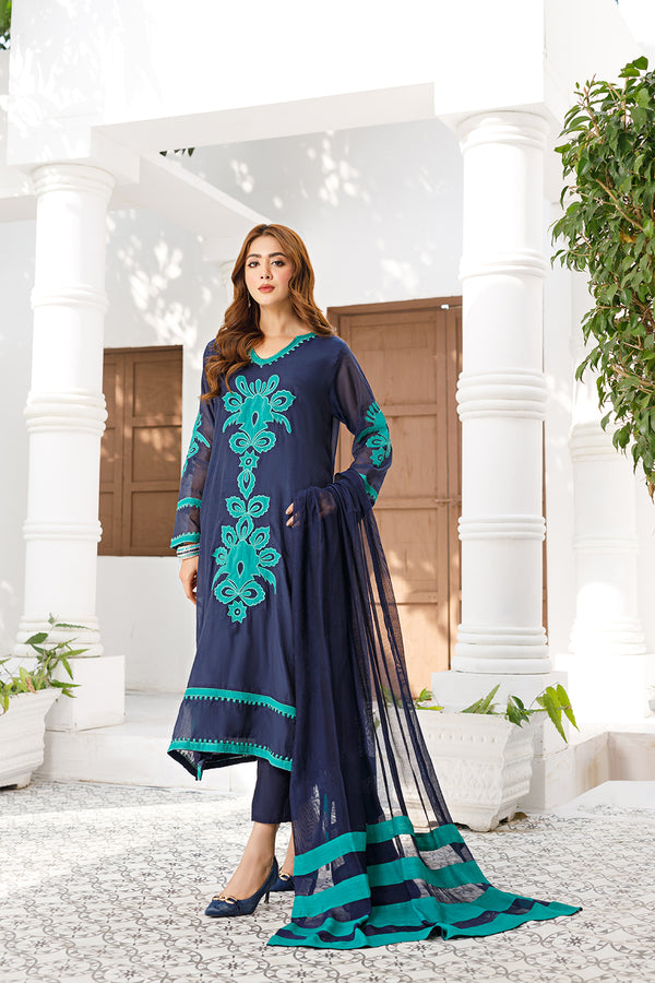 Anayra Amal - Uraan 3PC Stitched Applique Work Navy Blue Eastern Wear Dress