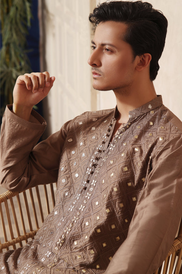 Edge Republic - ER KH 652 Fawn Brown Cotton Silk Resham and Mirror Embroidery Kurta pajama For Men