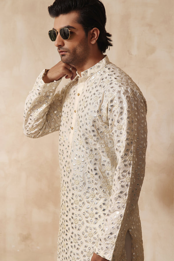 Edge Republic - ER KH 657 Off White Cotton Silk Resham and Mirror Embroidery Kurta pajama For Men