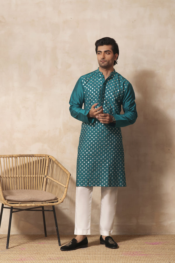 Edge Republic - ER KH 658 Peacock Blue Cotton Silk Resham and Mirror Embroidery Kurta pajama For Mens