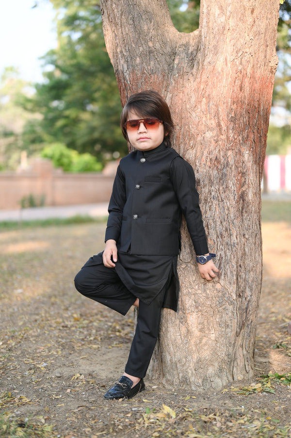 Hassanjee - Plain Black Waistcoat Suit EW29