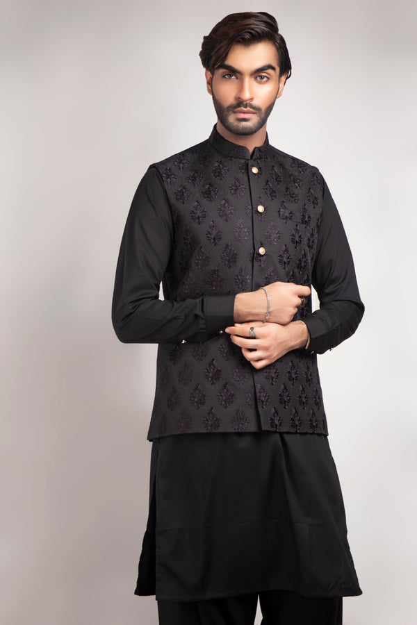 Edge Republic - ER WC 1014 Black Self Embroided Waist Coat