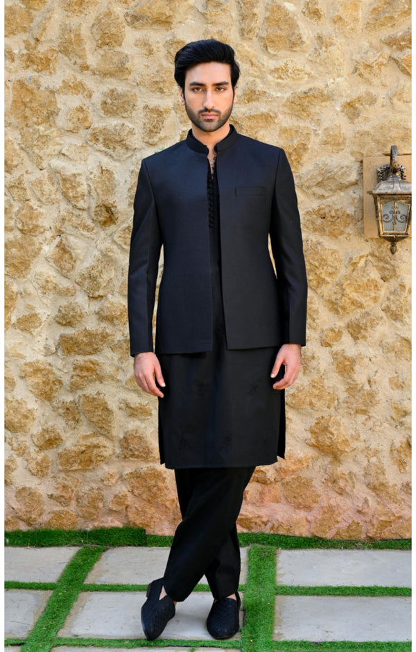 HK Fashion - Black Self Prince Coat