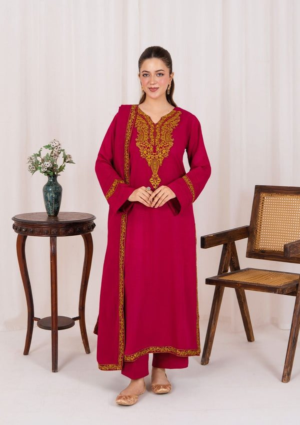 YoloPret - 3pc Embroidered Silk Karandi with Embroidered Border Shawl AML-W25-0022