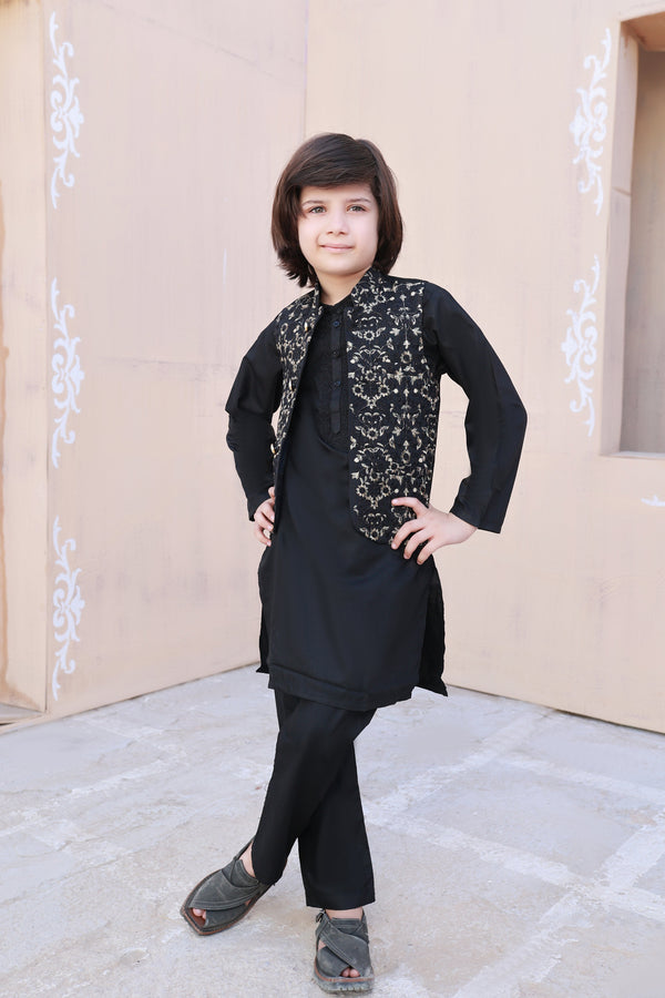 Hassanjee - Black Embroidered Waistcoat Suit - V26