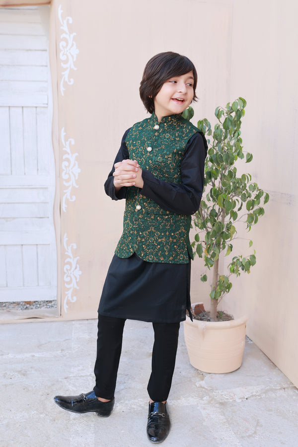 Hassanjee - Leaf Green Embroidered Waistcoat Suit - V25