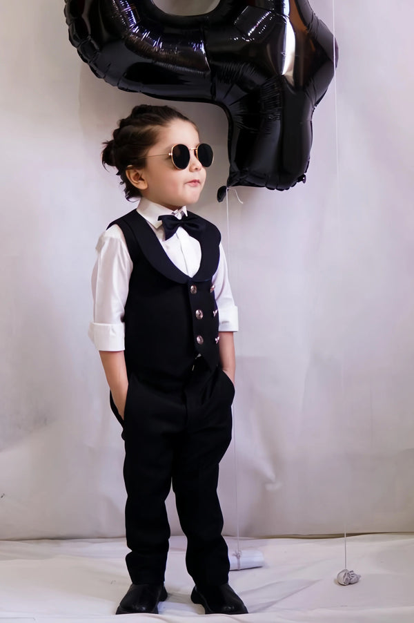 Hassanjee - 4pcs Black suit (WaistCoat+Pant+Shirt+Bow) - CPW 005
