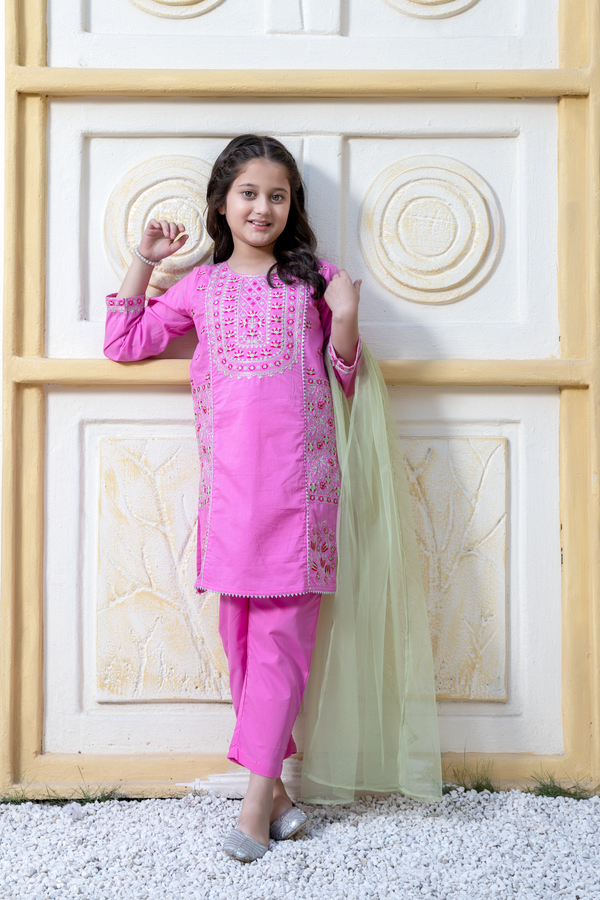 Al Qaswa - Girls Pink Embroidered Eid V-1 Outfit – 3-Piece Shirt, Trouser, and Dupatta Suit Set
