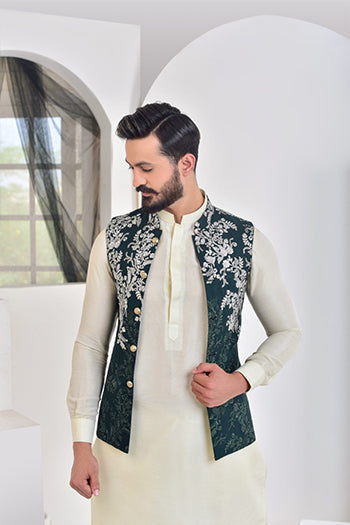 Edge Republic - ER WC 1017 Green Silver embroided Waist Coat