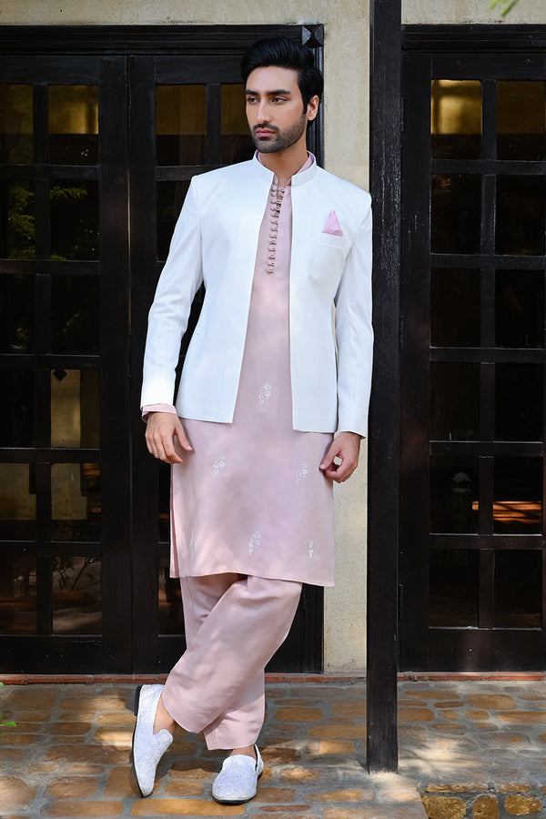 HK Fashion - Suiting 1 Piece White Front Open Self Prince Coat For Weddings