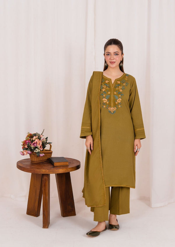 YoloPret - 3pc Embroidered Rib Karandi with Embroidered Border Shawl AML-W25-0025