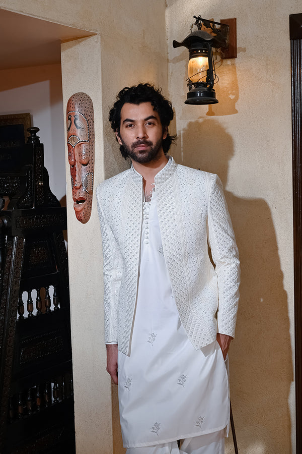 HK Fashion - Raw Silk 1 Piece Off White Sequin Embroidered Wedding Front Open Prince Coat