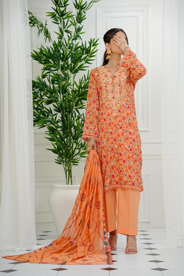 Amna Khadija - Chantelle Print & Embroidered 3 Piece Lawn Peach D-03