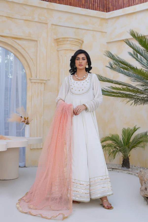 Desi Stitch - White Anarkali frock  Eastern Wear For Girls