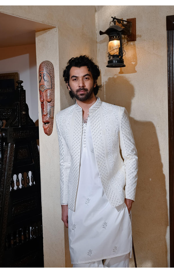 HK Fashion - Off White Sequin Embroidered Prince Coat