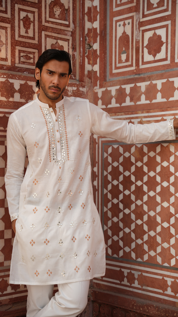 Edge Republic - MR 65 White Mirror Work Kurta For Men