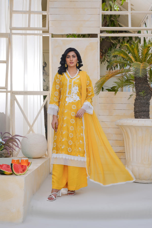 Desi Stitch - Mustured  chikankari Lawn 3-Piece Suit With Chiffon Dupatta  Eastern Wear For Girls
