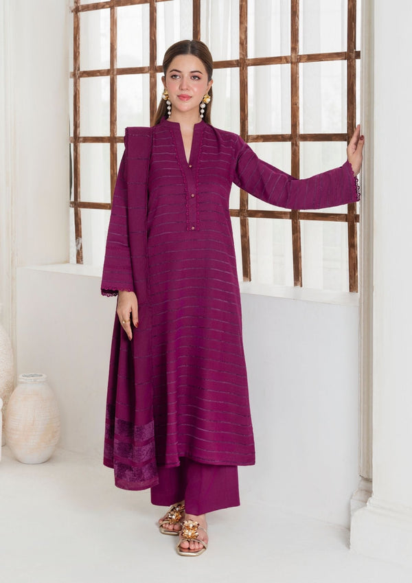 YoloPret - 3pc Alpine Velvet Shirt with Velvet Border Shawl and Plain Trouser AML-W25-0011