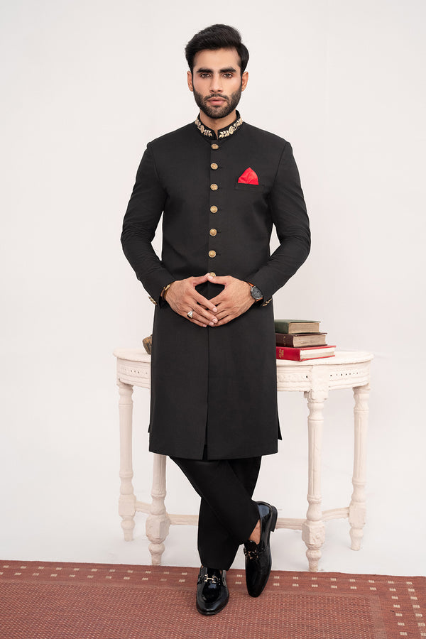 HK Fashion - Black Embroidered Traditional Sherwani with Straight Cut