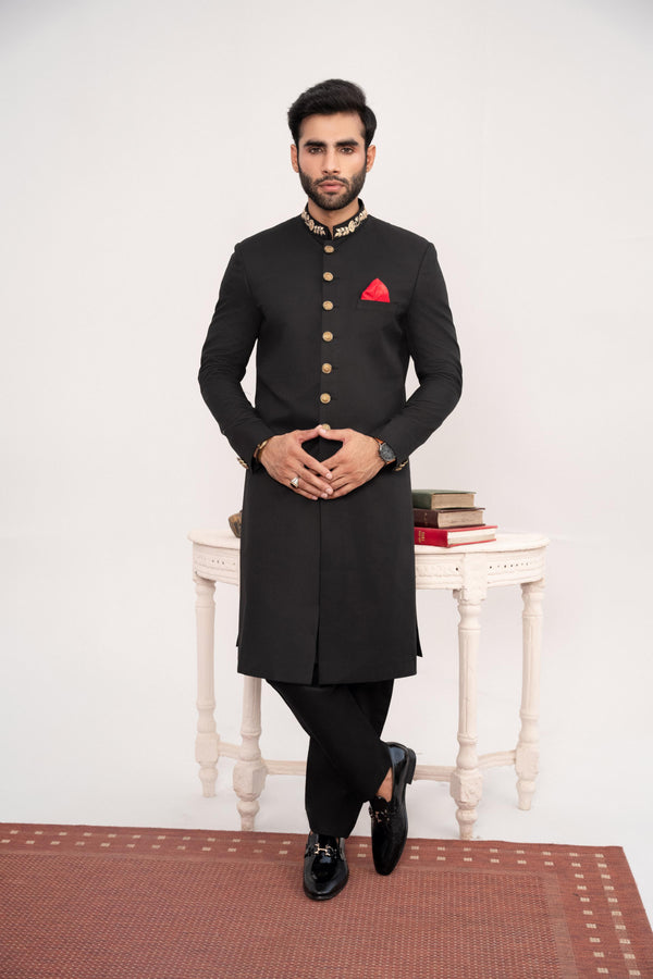 HK Fashion - Black Embroidered Sherwani