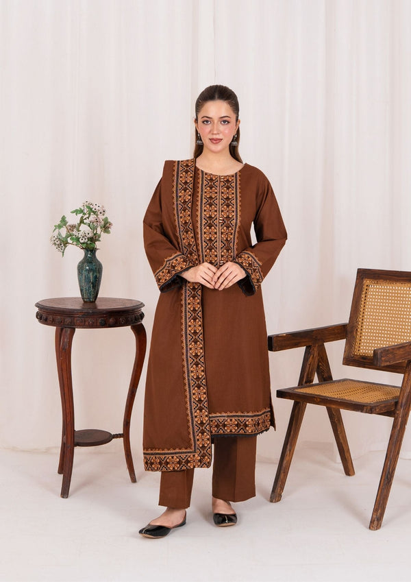 YoloPret - 3pc Embroidered Khaddar with Embroidered Border Shawl AML-W25-0029