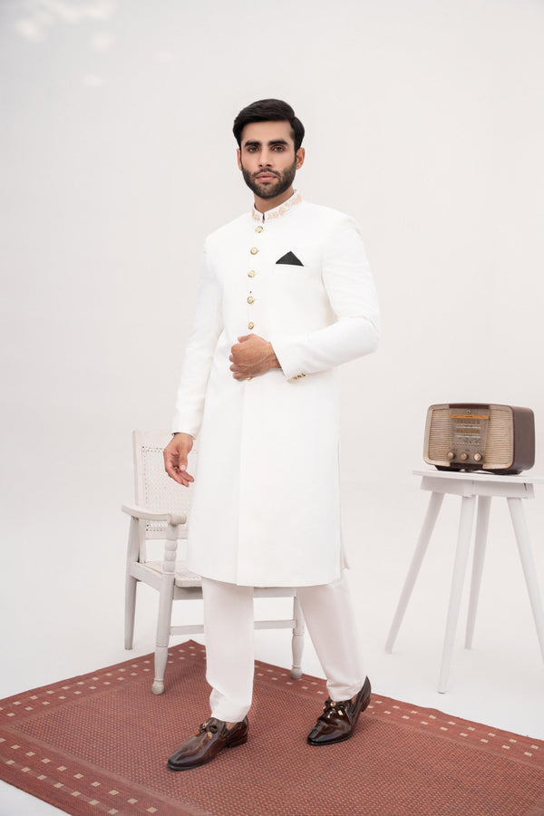 HK Fashion - White Embroidered Sherwani