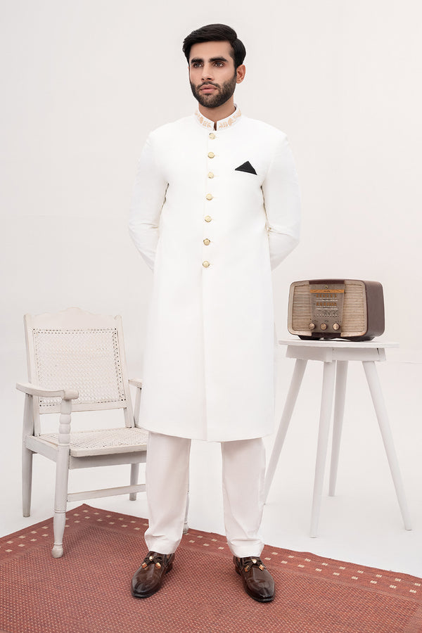 HK Fashion - White Embroidered Sherwani Traditional Sherwani with Straight Cut