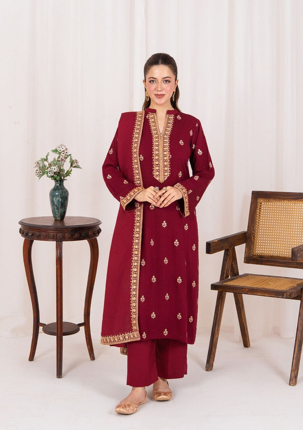 YoloPret - 3pc Embroidered Silk Karandi with Embroidered Border Shawl AML-W25-0030
