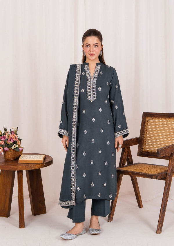 YoloPret - 3pc Embroidered Silk Karandi with Embroidered Border Shawl AML-W25-0031