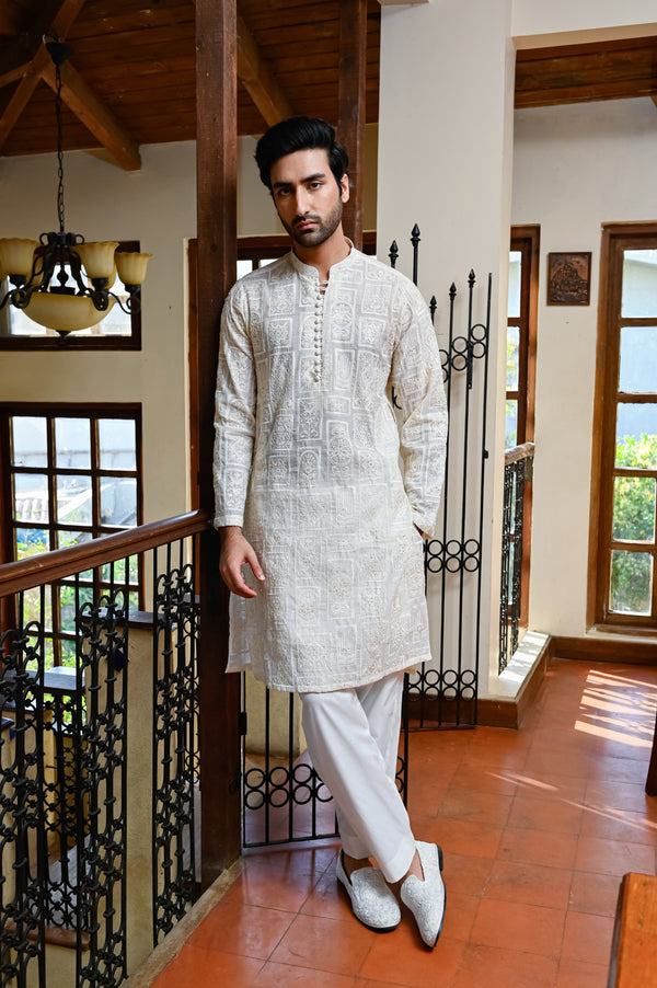 HK Fashion - Off White Embroidered Raw Silk Kurta Trouser Set For Men