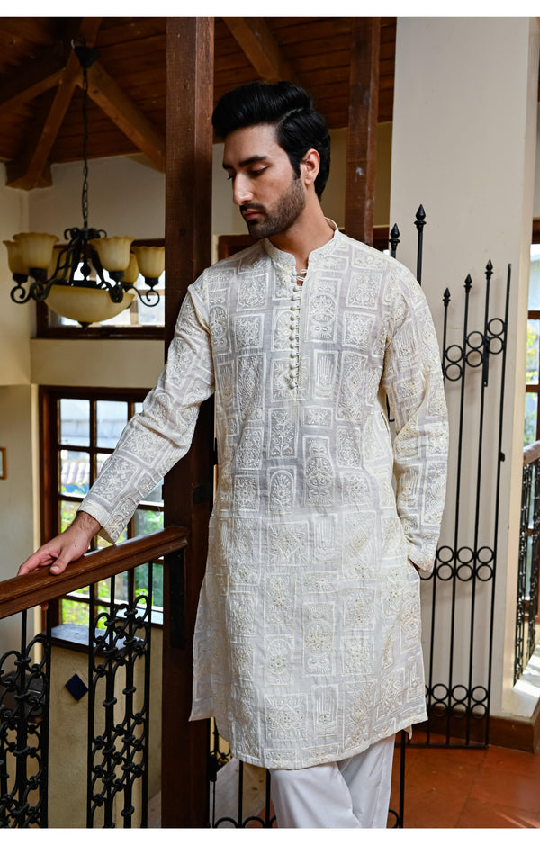 HK Fashion - Off White Emb Kurta Trouser