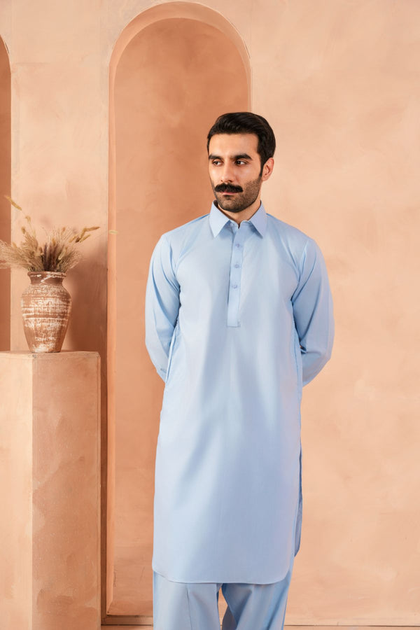 SARKHAIL - STITCHED MEN'S PAKISTANI PREMIUM AZURE BLUE KAMEEZ SHALWAR