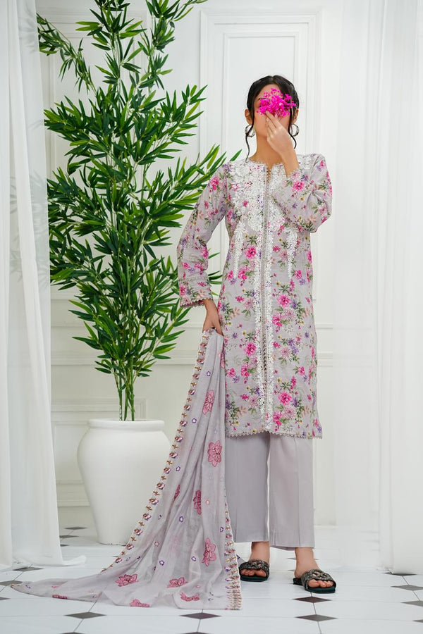Amna Khadija - Chantelle Print & Embroidered 3 Piece Lawn Light Grey D-04