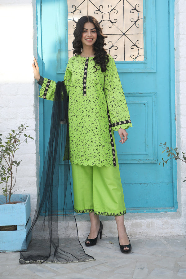 Daisy Outfit - Parrot 2 PC Printed & Embroidered Parrot Green Cotton Daily Wear