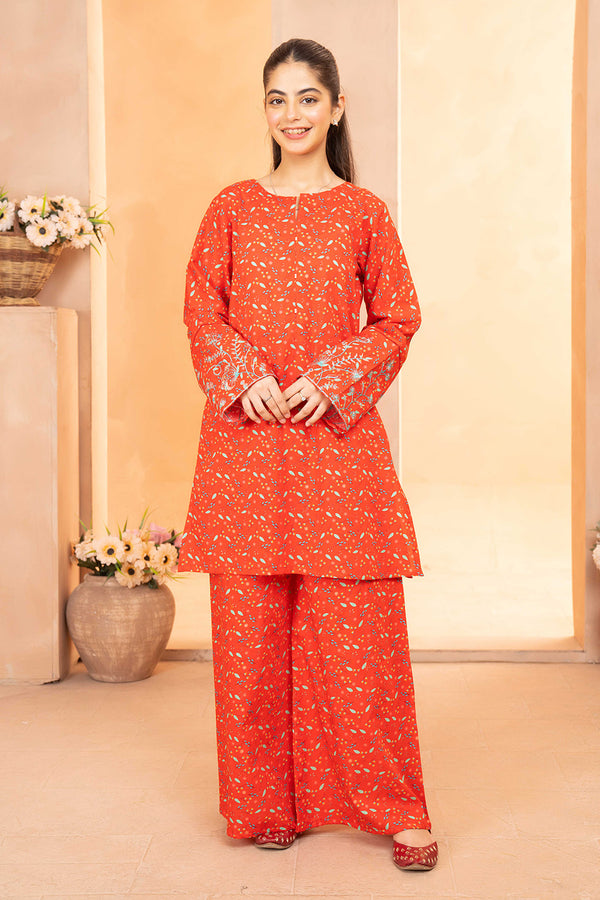 Daisy Outfit - Redish 2 PC Printed & Embroidered Red Dobbi Cotton Daily Wear