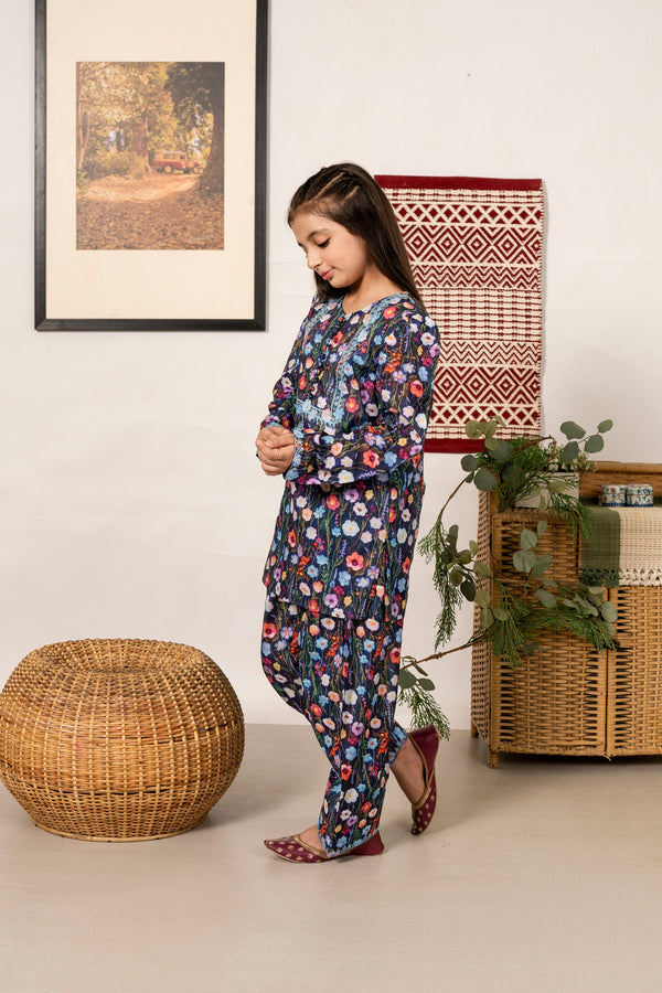 Al Qaswa - Girls Blue Printed Embroidered Outfit – 3-Piece Frock , Pants , and Dupatta Suit Set