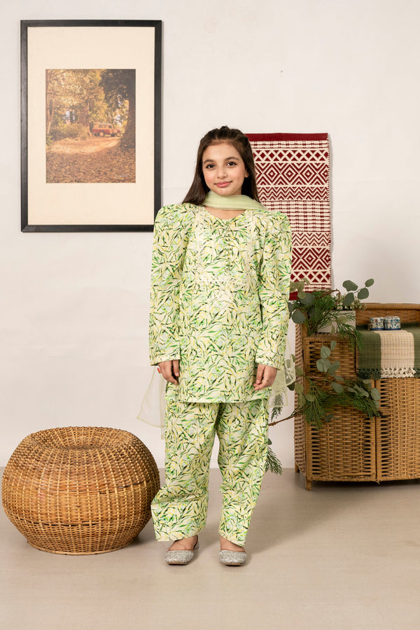 Al Qaswa - Girls Green Printed Embroidered  Outfit – 3-Piece Shirt, Shalwar, and Dupatta Suit Set