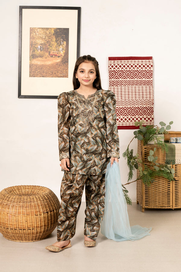 Al Qaswa - Girls Brown Printed Embroidered  Outfit – 3-Piece Shirt, Shalwar, and Dupatta Suit Set